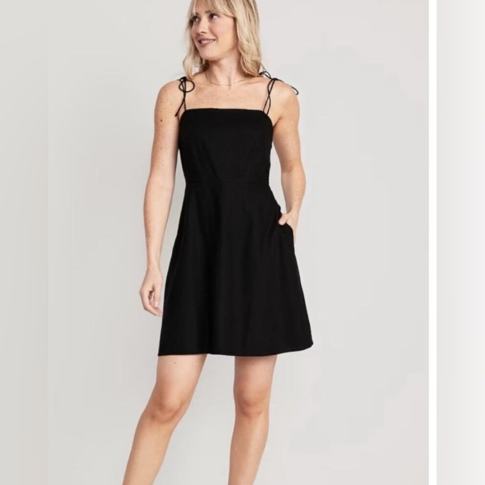 Fit & Flare Tie-Strap Linen-Blend Mini Dress With Pockets